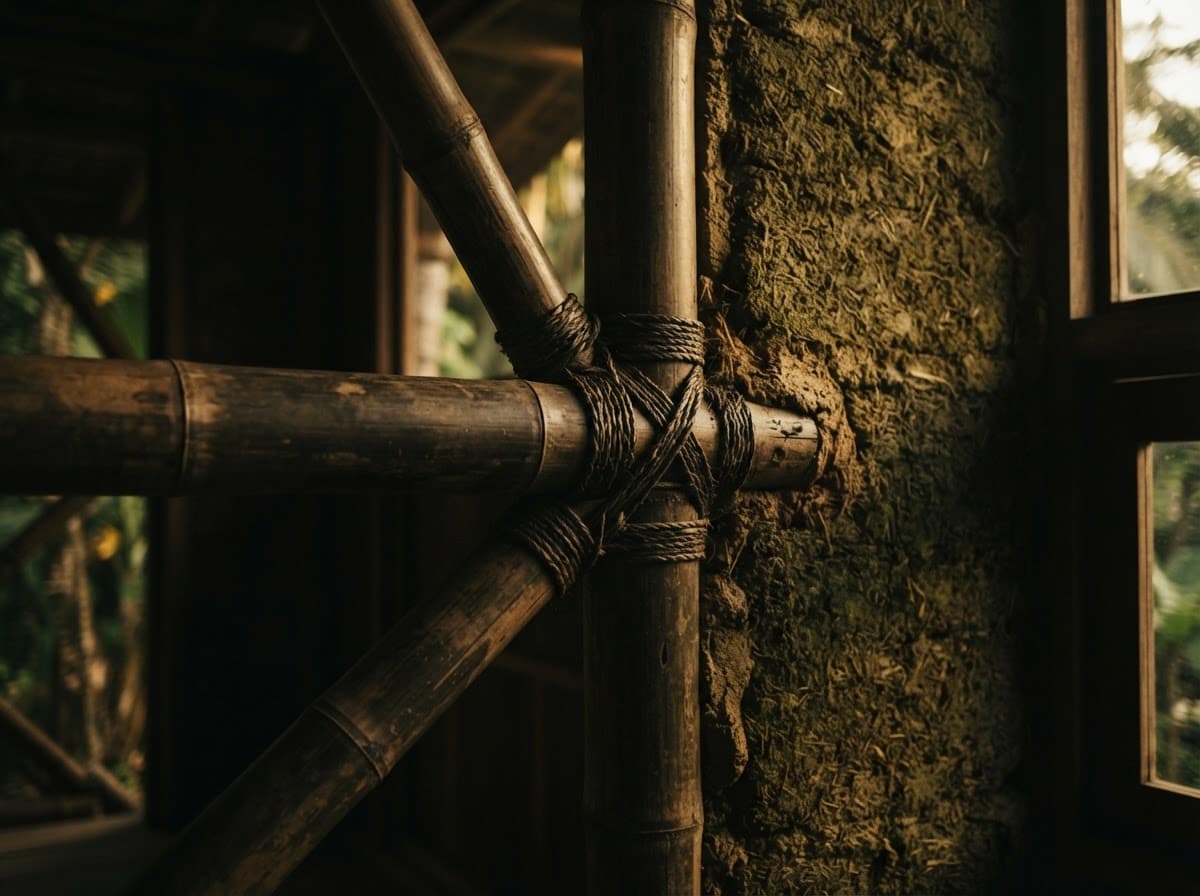 Detail of lashed bamboo beams meeting a rice-husk block wall