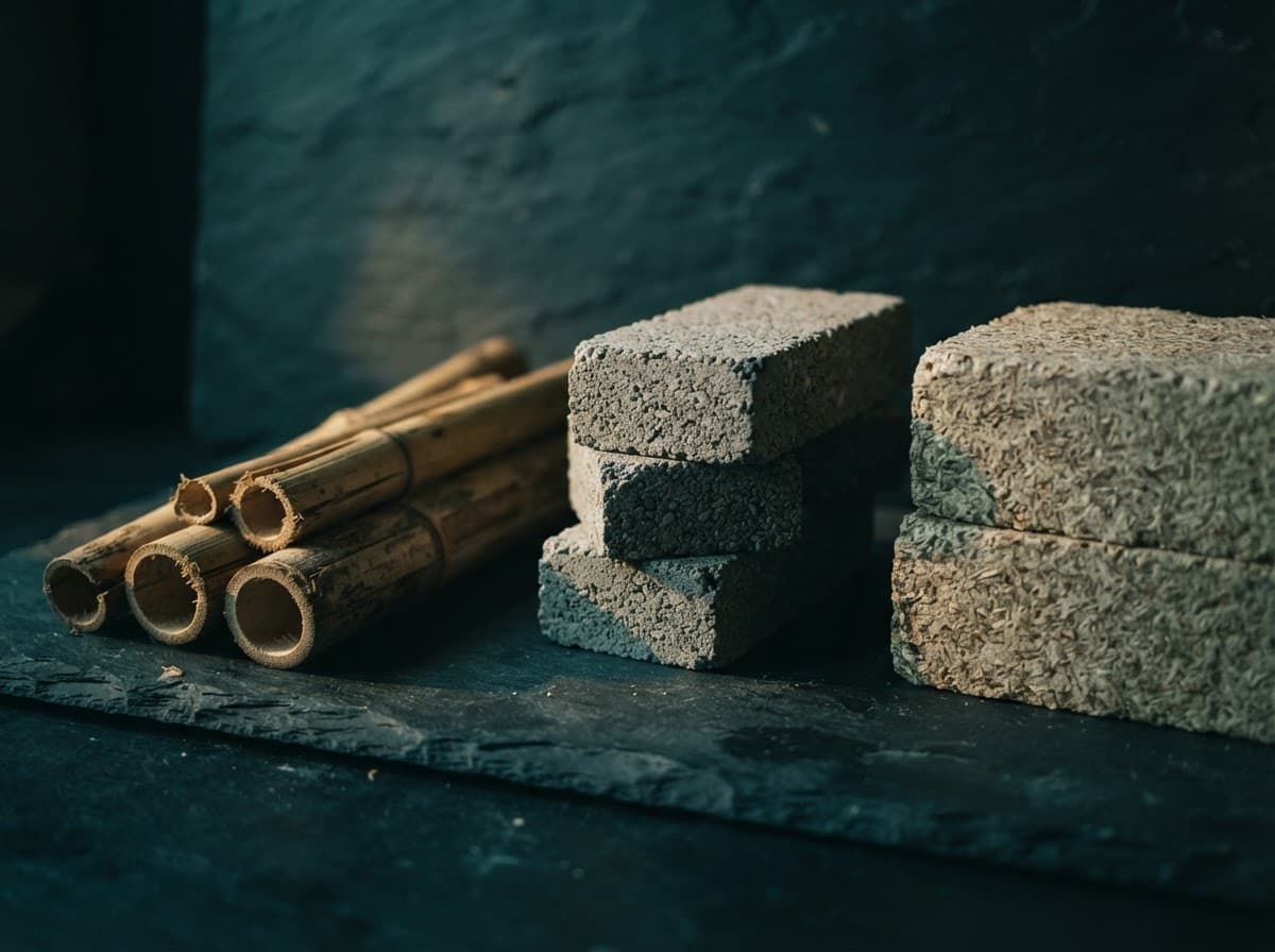 Bamboo poles, ecocrete bricks, and rice-husk blocks on a dark surface
